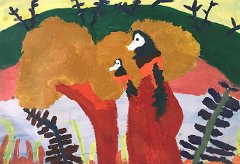 Alannah George, Age 6, Parrots in the jungle, acrylic paint on A4 canvas, UK