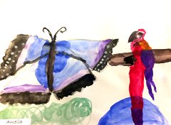Amelia, Age 6, Common Morpho and Scarlet Macaw, A4 Watercolour, Anson Primary School