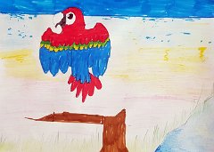 Dhyan Singh Dhillon, Age 8, A lonely Scarlet Macaw landing on a dead tree, A4 drawing with pencil and felt tip, UK