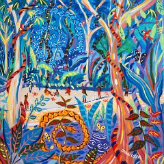 The Sky Snake Ashuinka and Ground Snake Runua - Painting by John Dyer. 24 x 24 inches acrylic on canvas