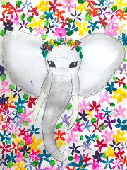 Hana-Age-12-England-Floral-Elephant-A4-pencil-and-poster-paint-on-paper