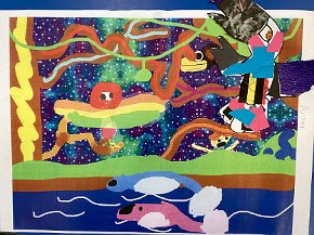 Archer Mc Fadden, age 8, Trythall school, Cornwall, night time ceremony in the Amazon, ipad drawn background and collage toucan