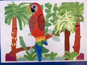 Harley Wilson age 7 Trythall school Cornwall UK, Parrot in the Amazon, ipad drawn background and collage toucan