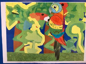 Ines Hurst age 7 Trythall school Cornwall, Parrot in the Amazon, ipad drawn background and collage parrot
