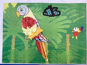 Molly Banks, age 7 Trythall school, Cornwall. Parrot in the Amazon, ipad drawn background and collage bird