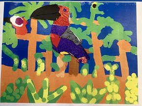 Rafi Crook, age 6 Trythall school, Cornwall, Toucan in the rainforest, ipad drawn background and collage bird