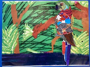 Sunny Savonna, age 7, Trythall School Cornwall, Parrot in the rainforest, ipad drawn background and collage parrot
