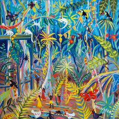 Rainforest Tree House. Painting by John Dyer. 24 x 24 inches acrylic on canvas