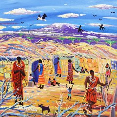 A Day at the Maasai Boma. 18x18 inches acrylic on canvas