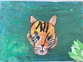 Flora Winters age 7 Trythall school, Cornwall UK, Tiger in India, mixed media