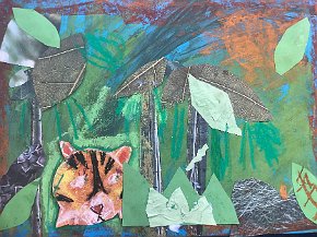 Hebe Burch, age 7, Trythall school Cornwall UK, Tiger in India , mixed media