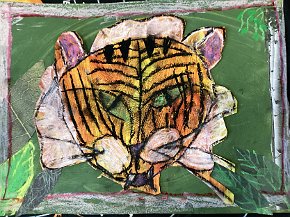 Indie-Rose Cooper 7 Tiger in India, Trythall School, Cornwall. Mixed media