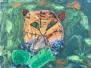James Roberts, 7 Trythall school, Cornwall, Tiger in India, mixed media